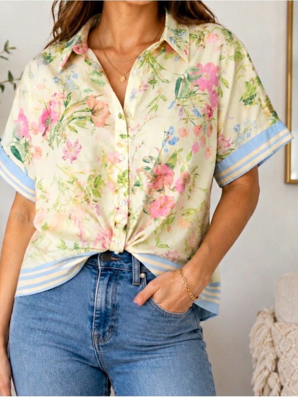Vince Camuto oversized Cream Floral Button-Down Shirt NWT size medium
